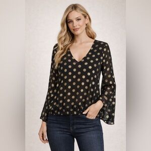 Show Me Your MuMu Black and Gold Polka Dot Blouse Small Sheer V-Neck Long Sleeve